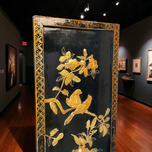 Grande pannello orientale in legno e madreperla anni ‘60 91 cm