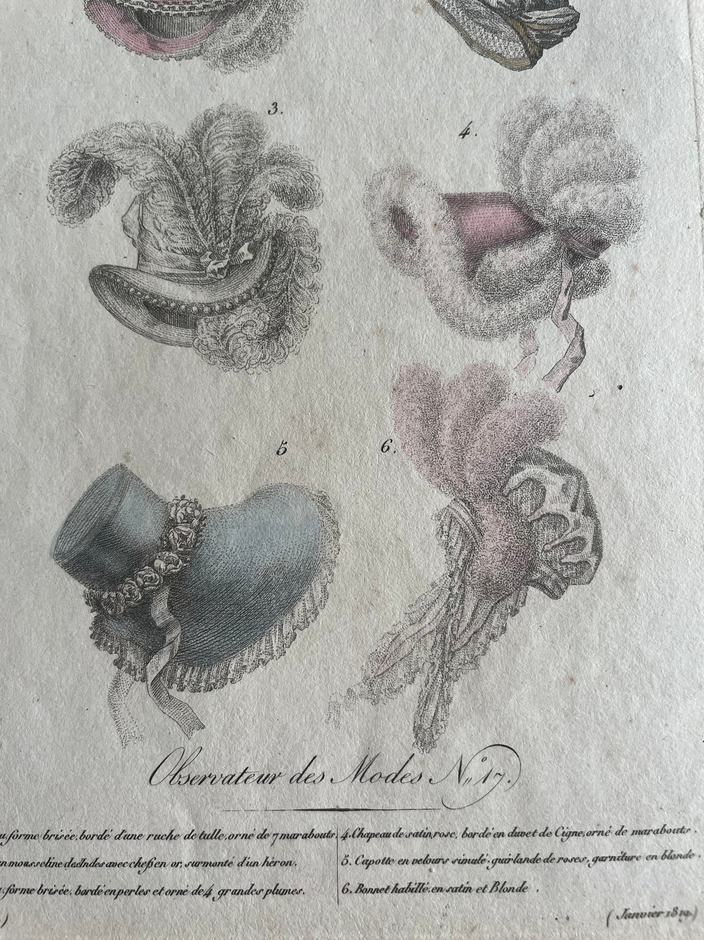 Lotto stampe 1819 acquerellate a mano, cappelli francesi, Observateur des Modes
