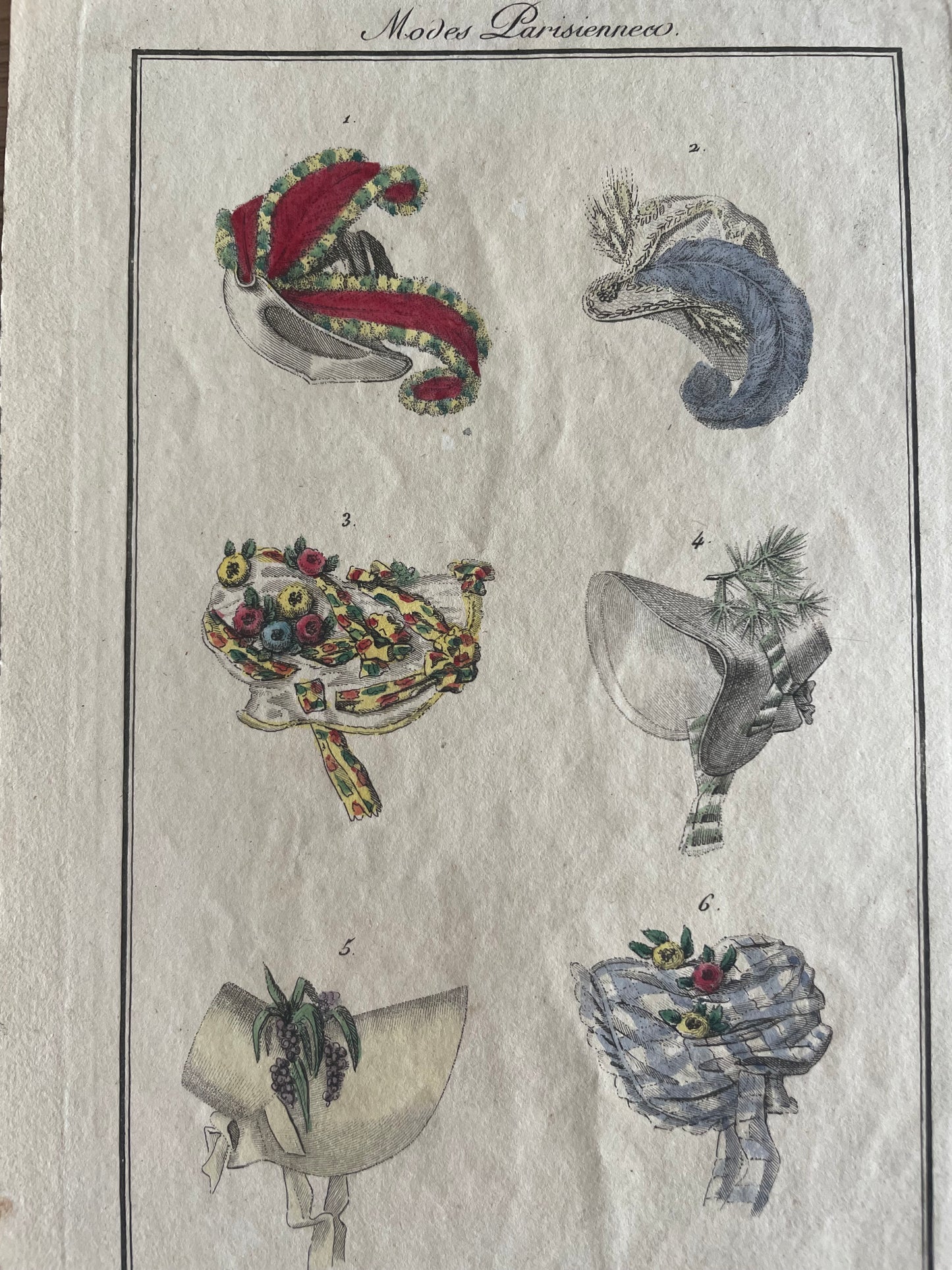 Lotto stampe 1819 acquerellate a mano, cappelli francesi, Observateur des Modes
