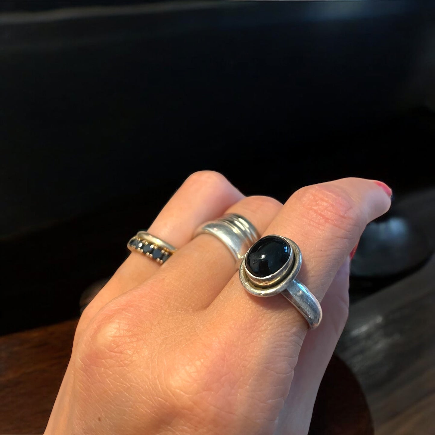 Anello argento 925 vintage con cabochon onice nero