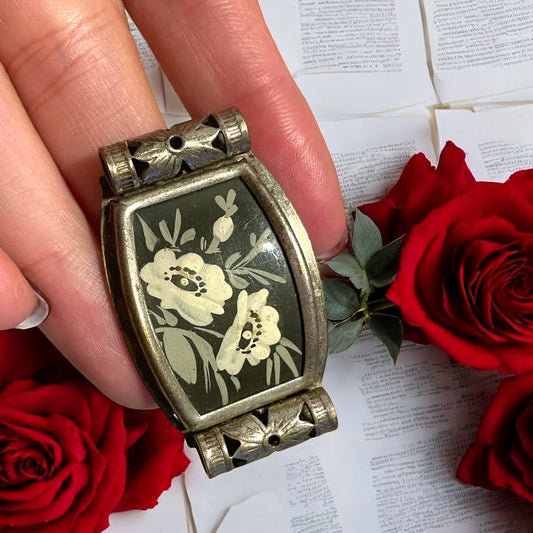 Antica spilla art déco dipinta con tecnica verre églomisé