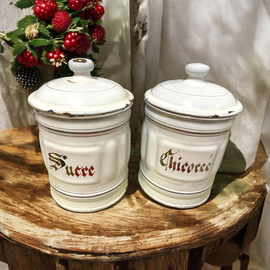 Coppia barattoli smaltati Provenzali anni 20 da cucina