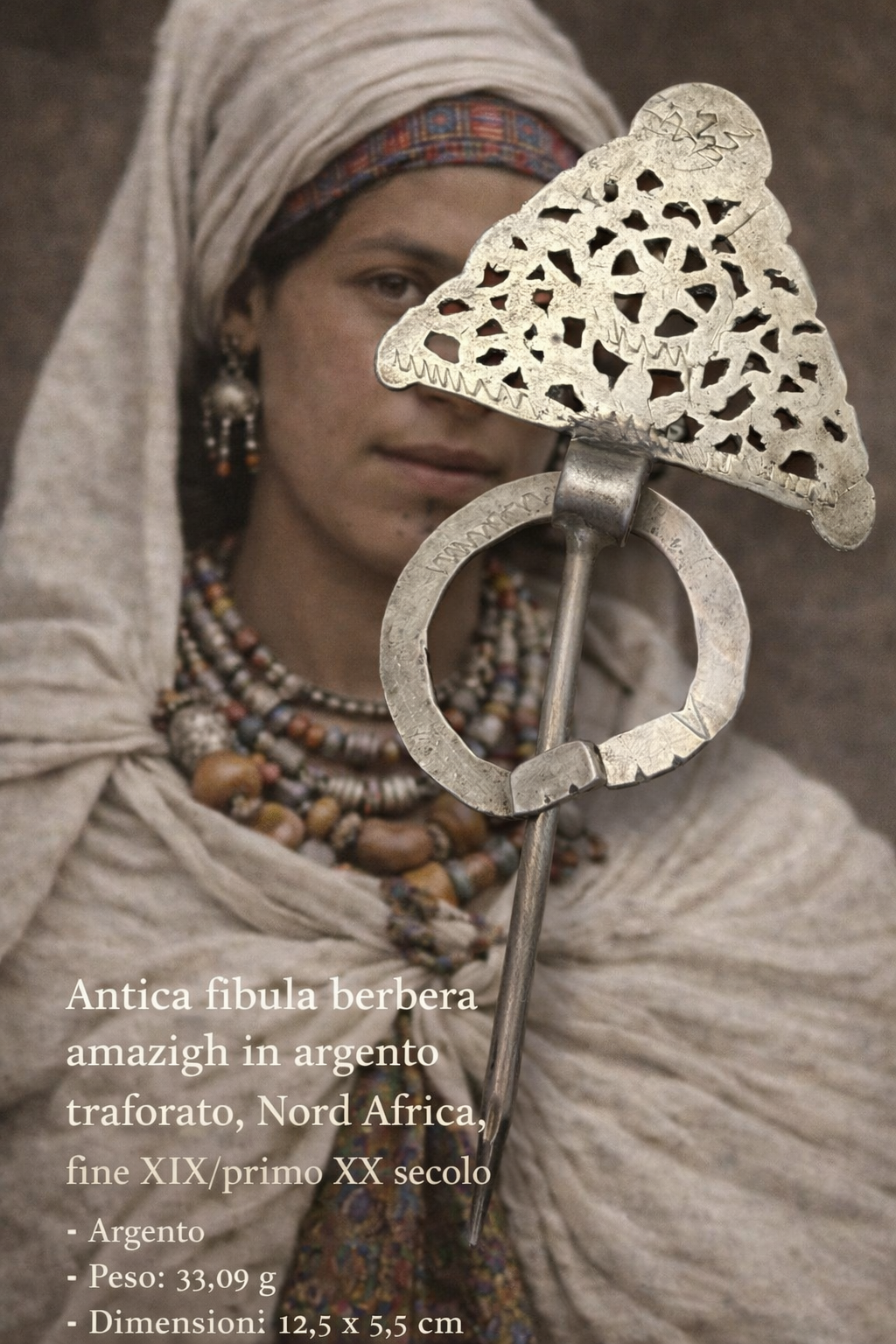 Antica fibula berbera in argento massiccio, fine ‘800 - primo ‘900