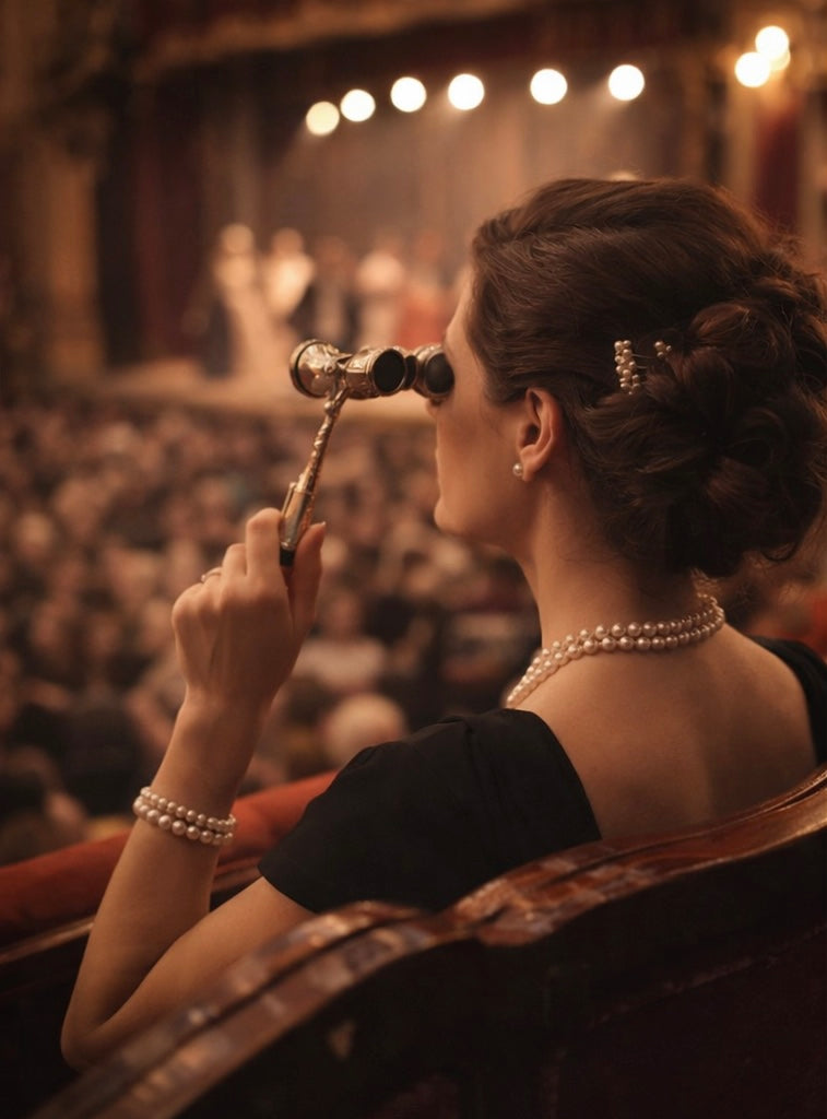 Antico binocolo opera glasses in madreperla con manico telescopico, ca 1890-1910