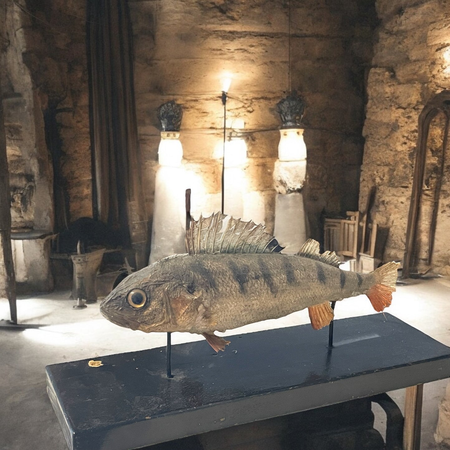 Antico pesce persico imbalsamato, tassidermia da wunderkammer anni ‘20