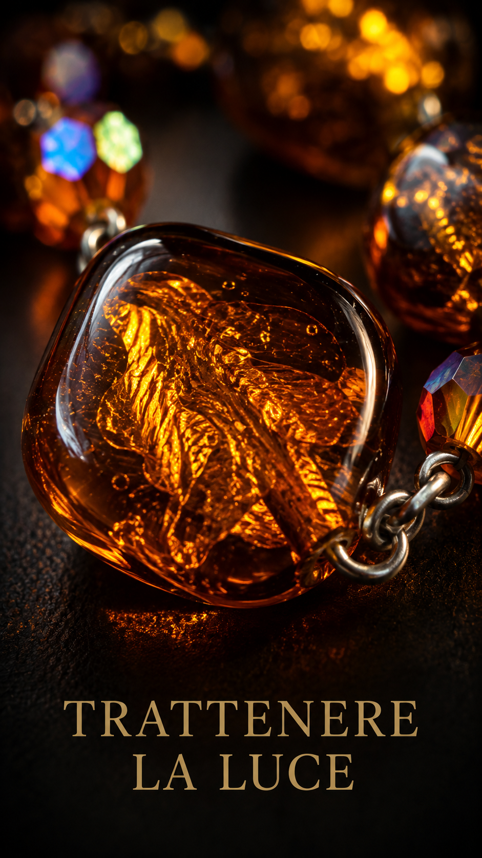 Collana a giro morbido con cristalli Aurora Borealis ed elementi in vetro irregolari con pagliuzze dorate, anni ‘60