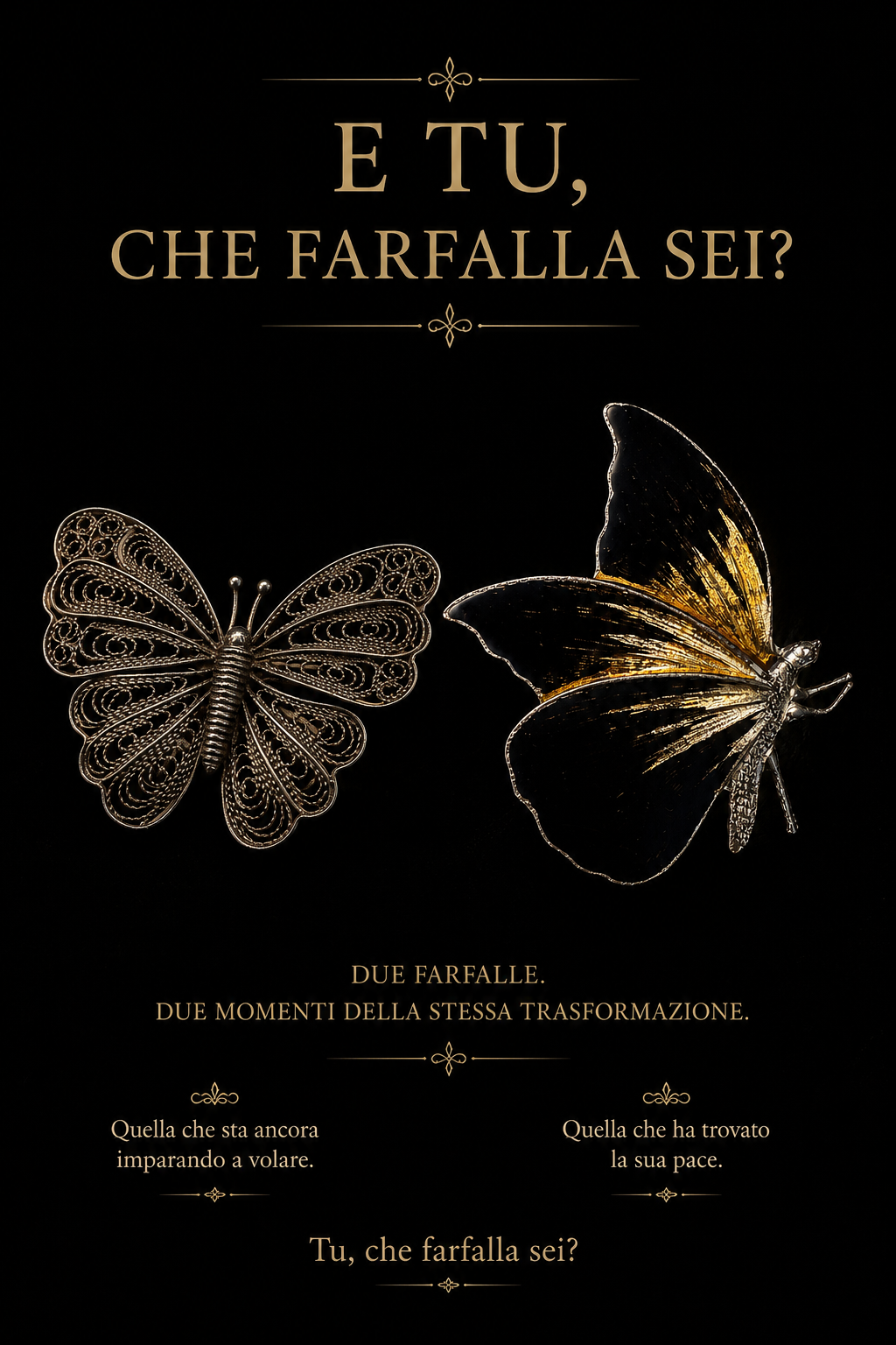 Spilla a guisa di farfalla in filigrana d’argento basso titolo con chiusura firmata, metà ‘900