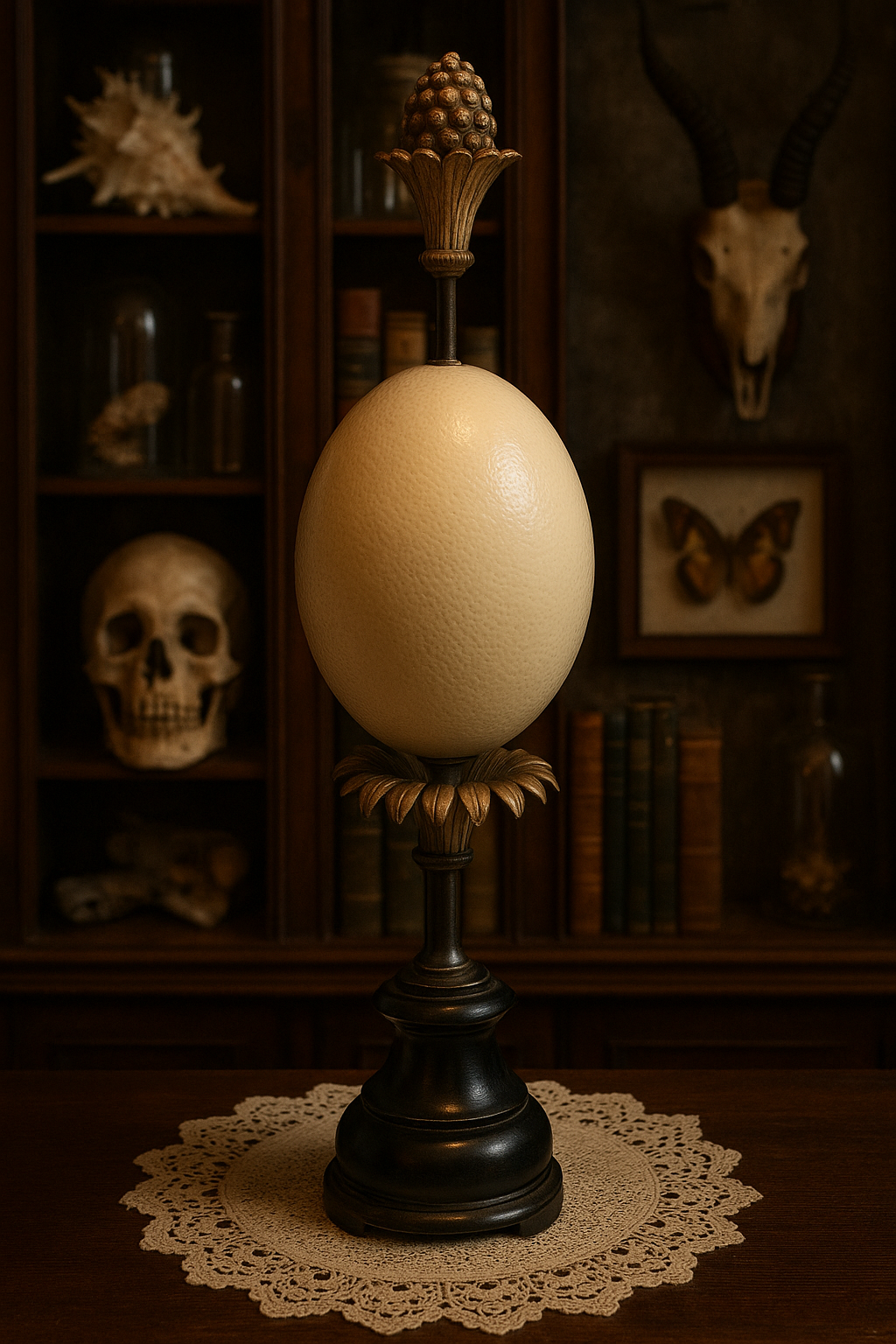 Supporto wunderkammer per uovo di struzzo, epoca vittoriana