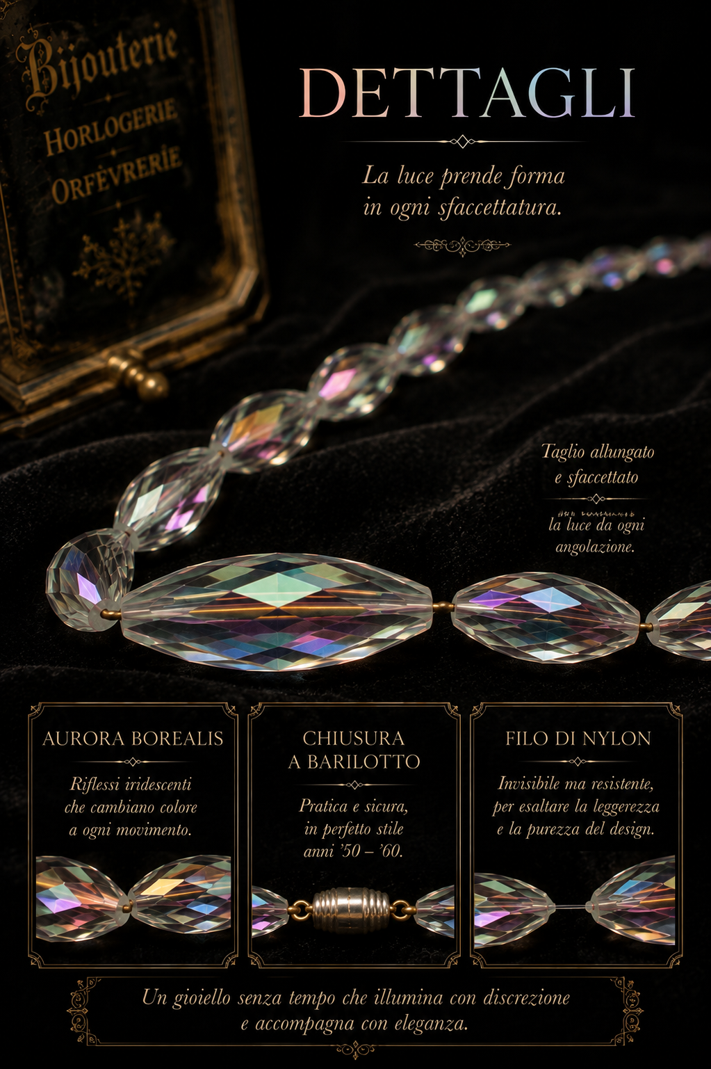 Collana con elementi fusiformi in vetro sfaccettato Aurora Borealis, fine anni ‘50 primi ‘60