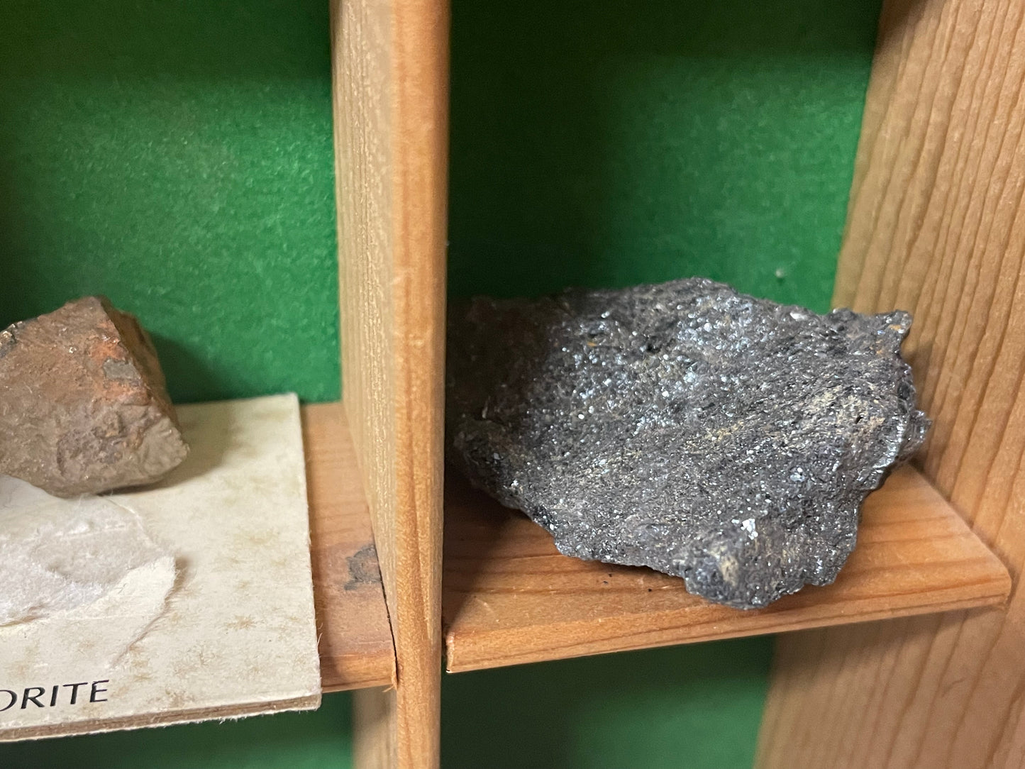 Bacheca con minerali e fossili, collezione cabinet des curiosites anni ‘80