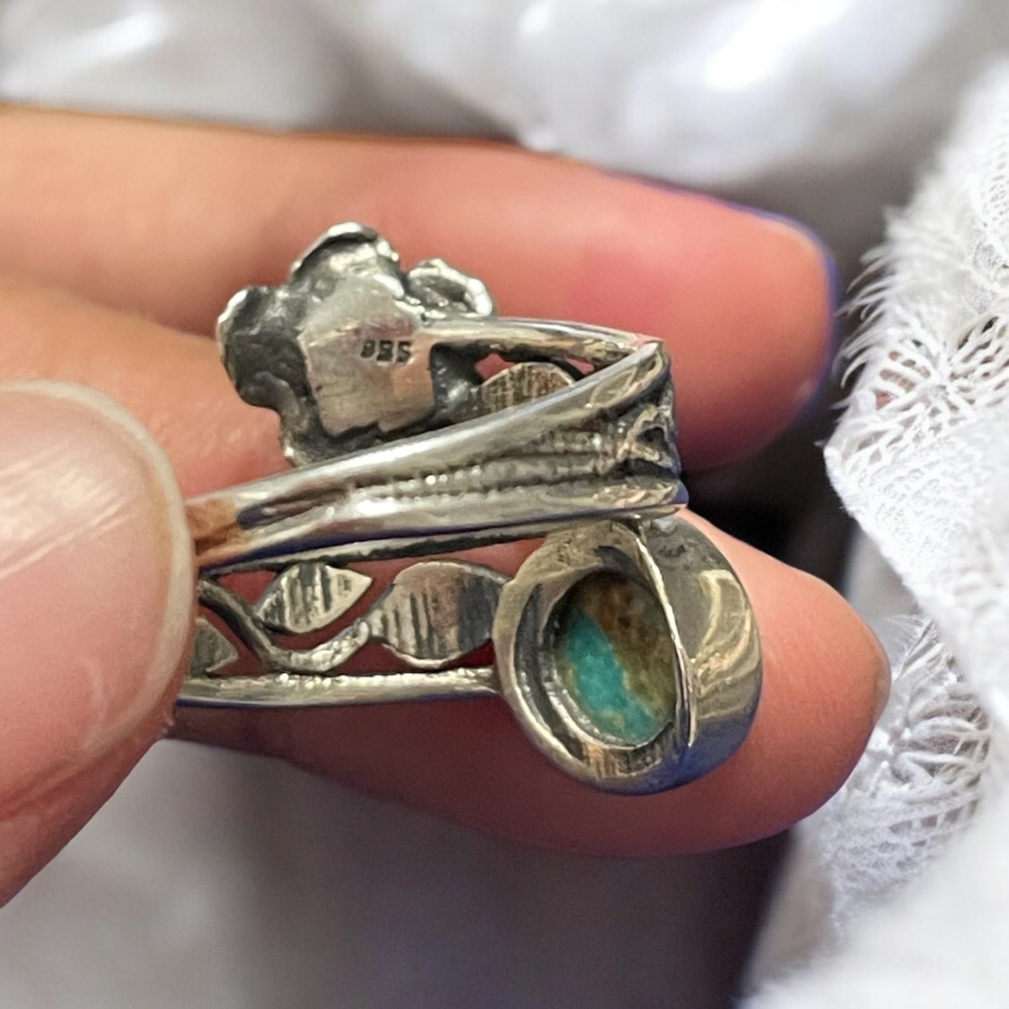 Anello vintage in condizioni nuove, argento 925 e turchese con rosa