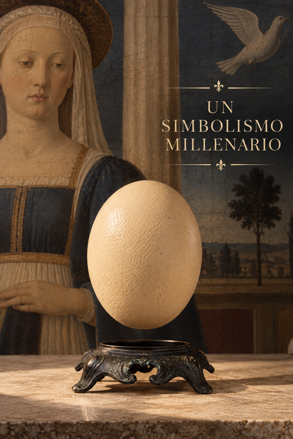 Antico uovo di struzzo svuotato su basamento d’epoca di gusto rococò