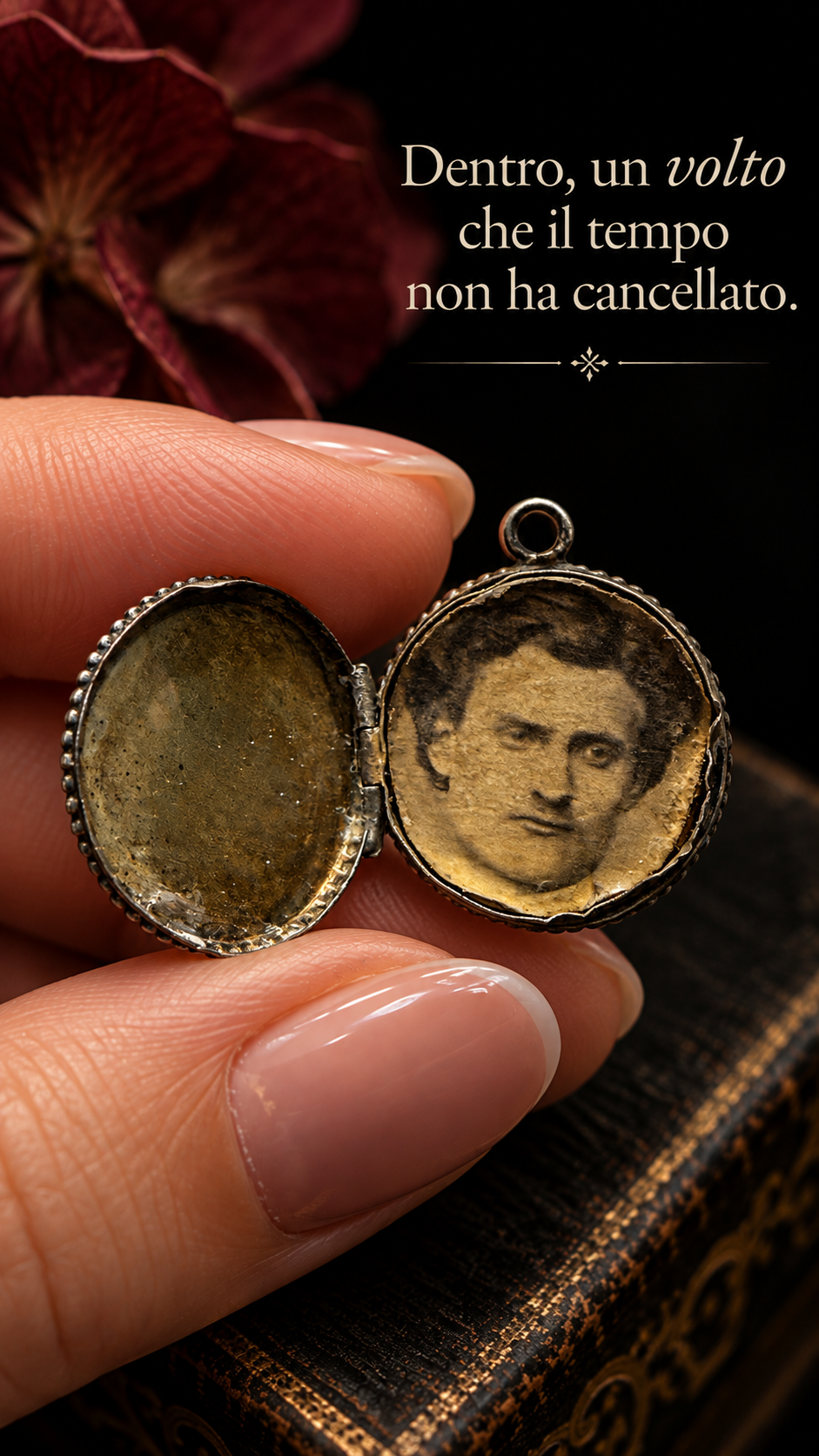 Antico locket in argento massiccio pendente porta foto inciso con foto epoca fine ‘800 primi ‘900