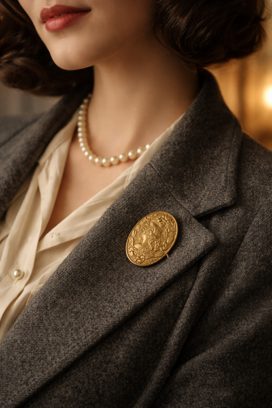 Spilla a cammeo anni ‘20 ca con allegoria femminile tra liberty e neoclassico, con scrigno originale Londinese