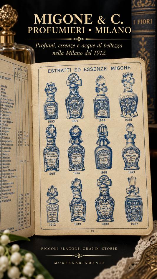 Stupendo ephemera completo 1912 Milano profumeria Migone floriografia Liberty