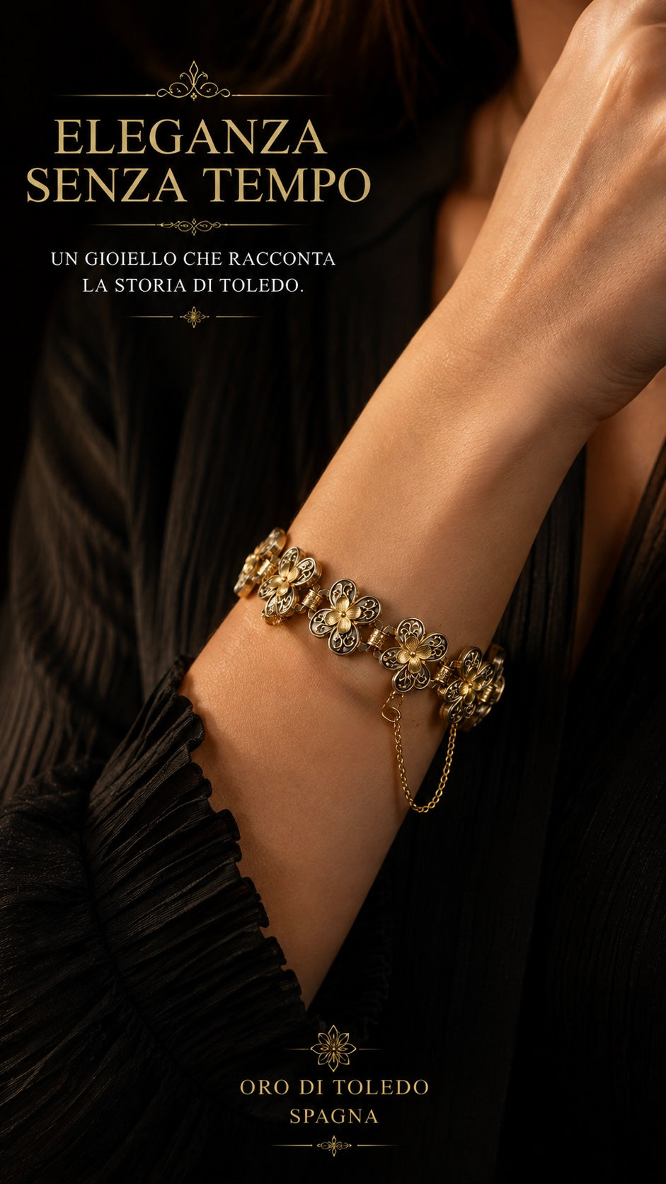 Bracciale “Oro di Toledo” arte spagnola, con catenella di sicurezza, anni ‘40-‘50