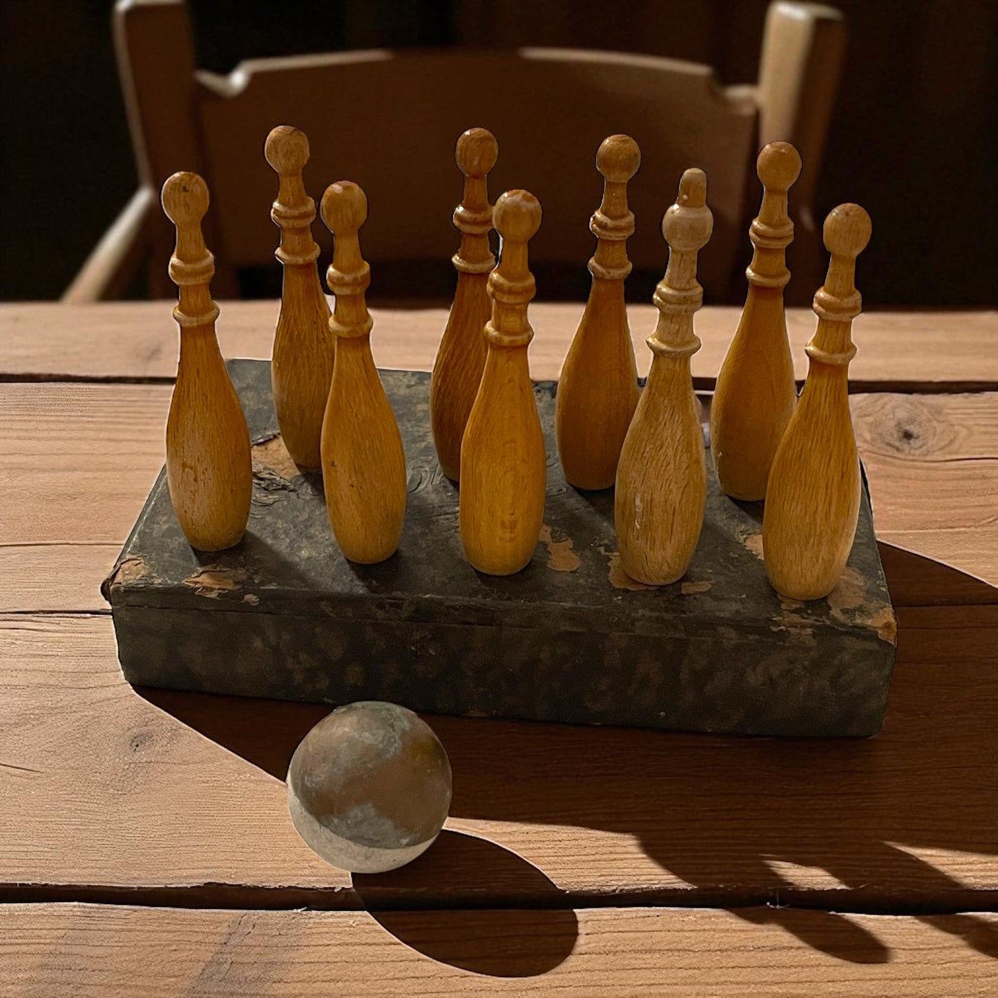 Tischkegelspiel fine ‘800, gioco di birilli da tavolo