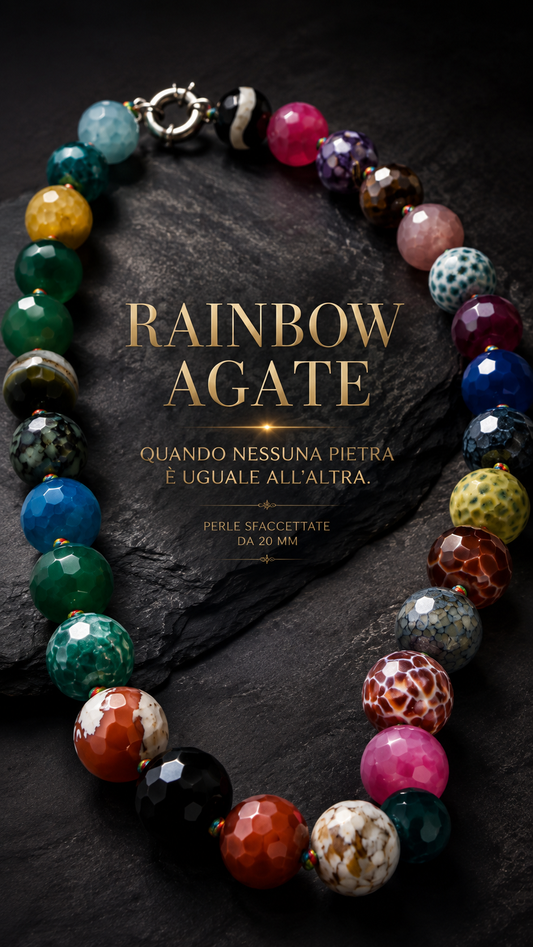 Meravigliosa collana, Agata Rainbow, perle sfaccettate infilate e annodate a Mano