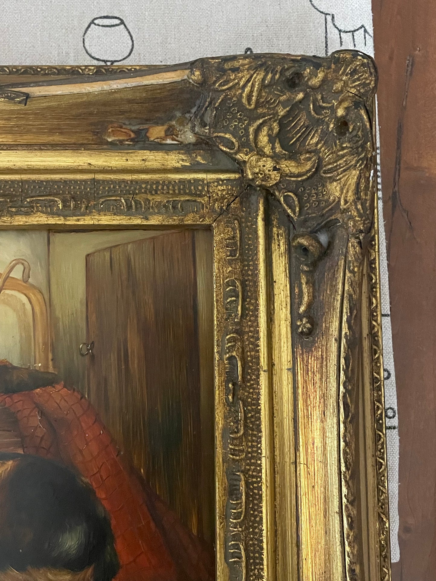 Dipinto inglese con cagnolino in cornice fine ‘800