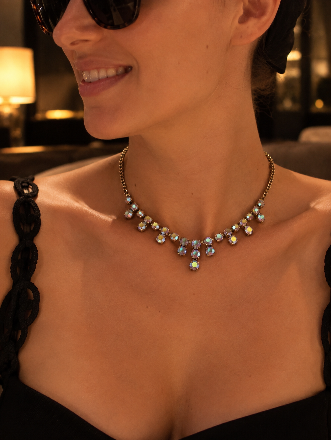 Collier ras du cou anni 50-60 gioiello cocktail con Aurora Borealis