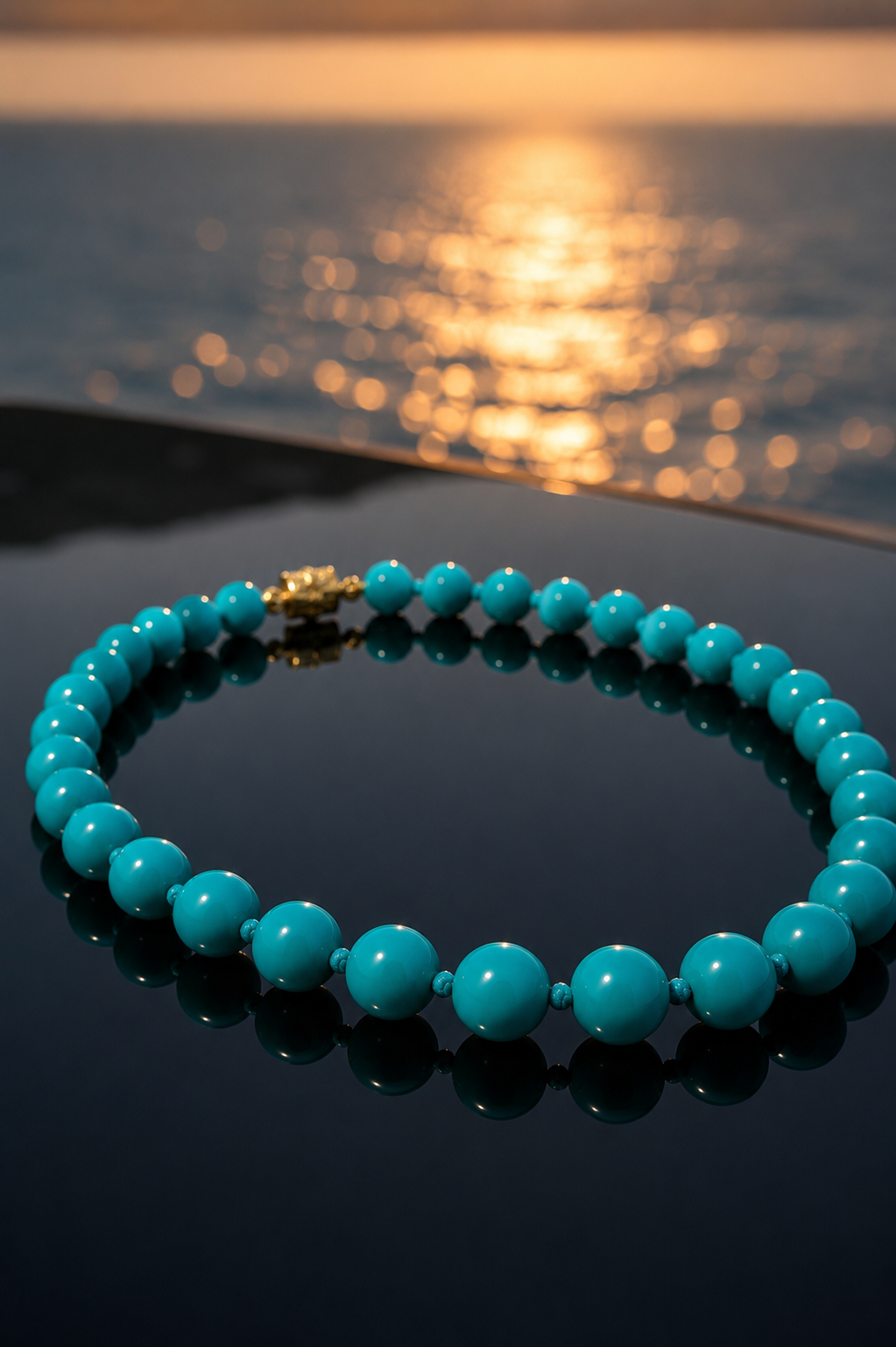 Collana in perle di vetro veneziano turchese con chiusura gioiello a fiore dorato