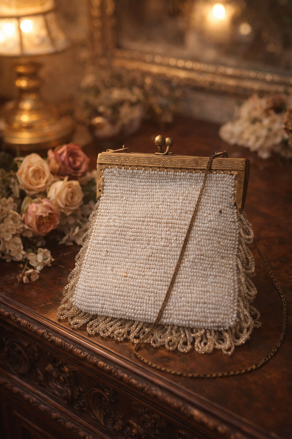 Antica borsetta gioiello da sera in micro perle di vetro, anni 10-20