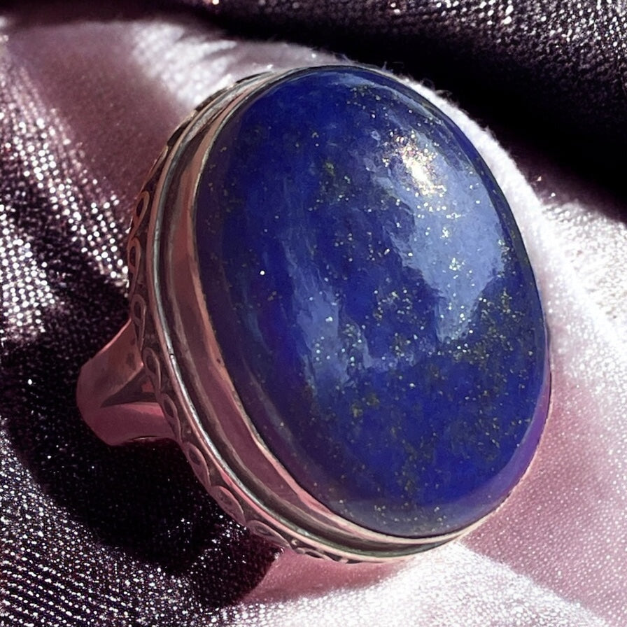 Grande anello vintage argento massiccio titolo 925 e cabochon lapislazzuli