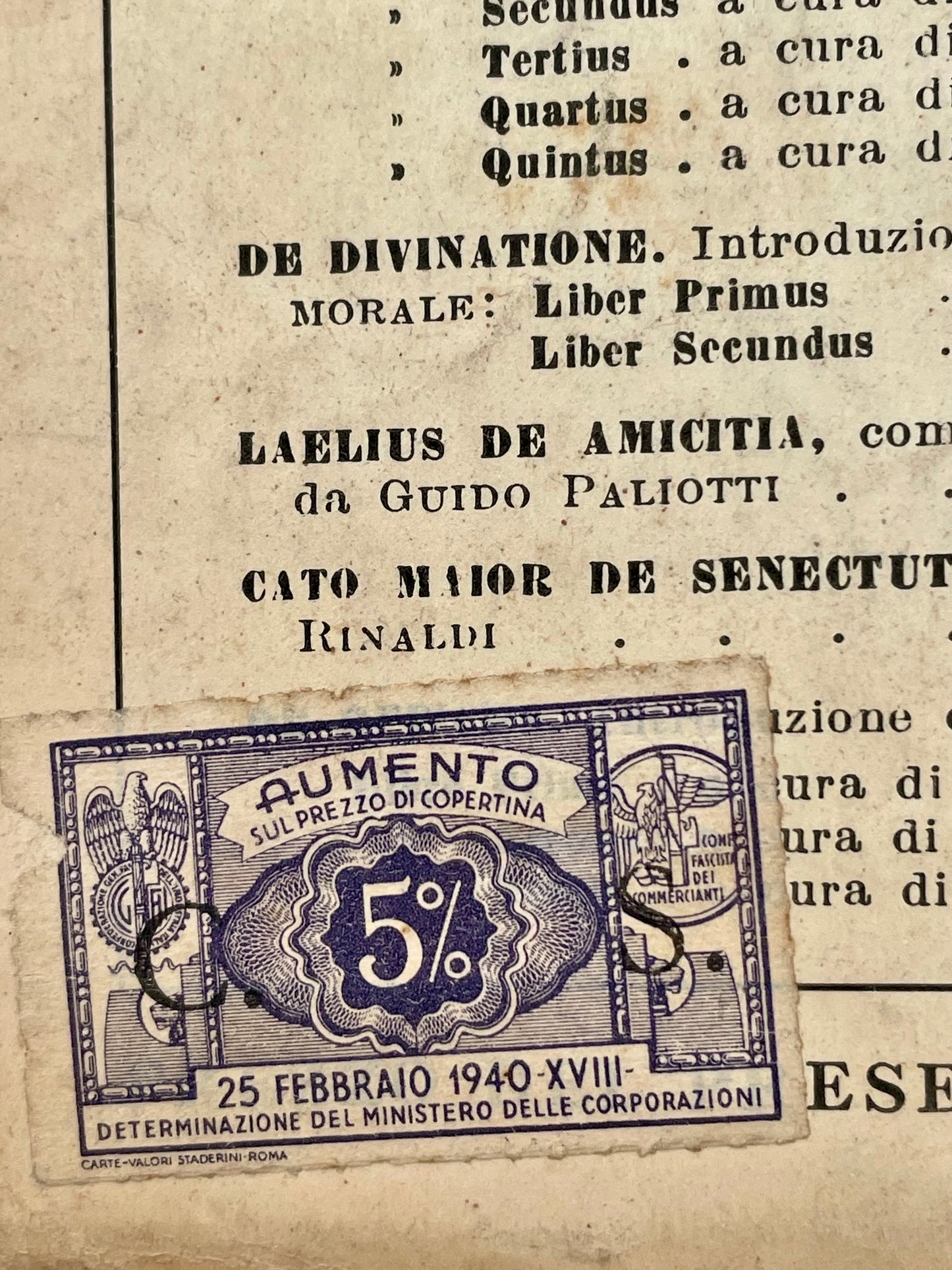 Somnium Scipionis con note di Ottolini, edizione con marca da bollo del Ministero delle Corporazioni del Regime, 1940