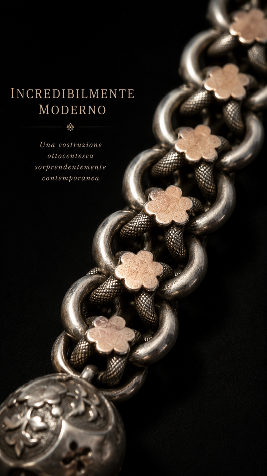 Antica catena da panciotto in argento massiccio con inserti dorati a stella e breloque, fine ‘800