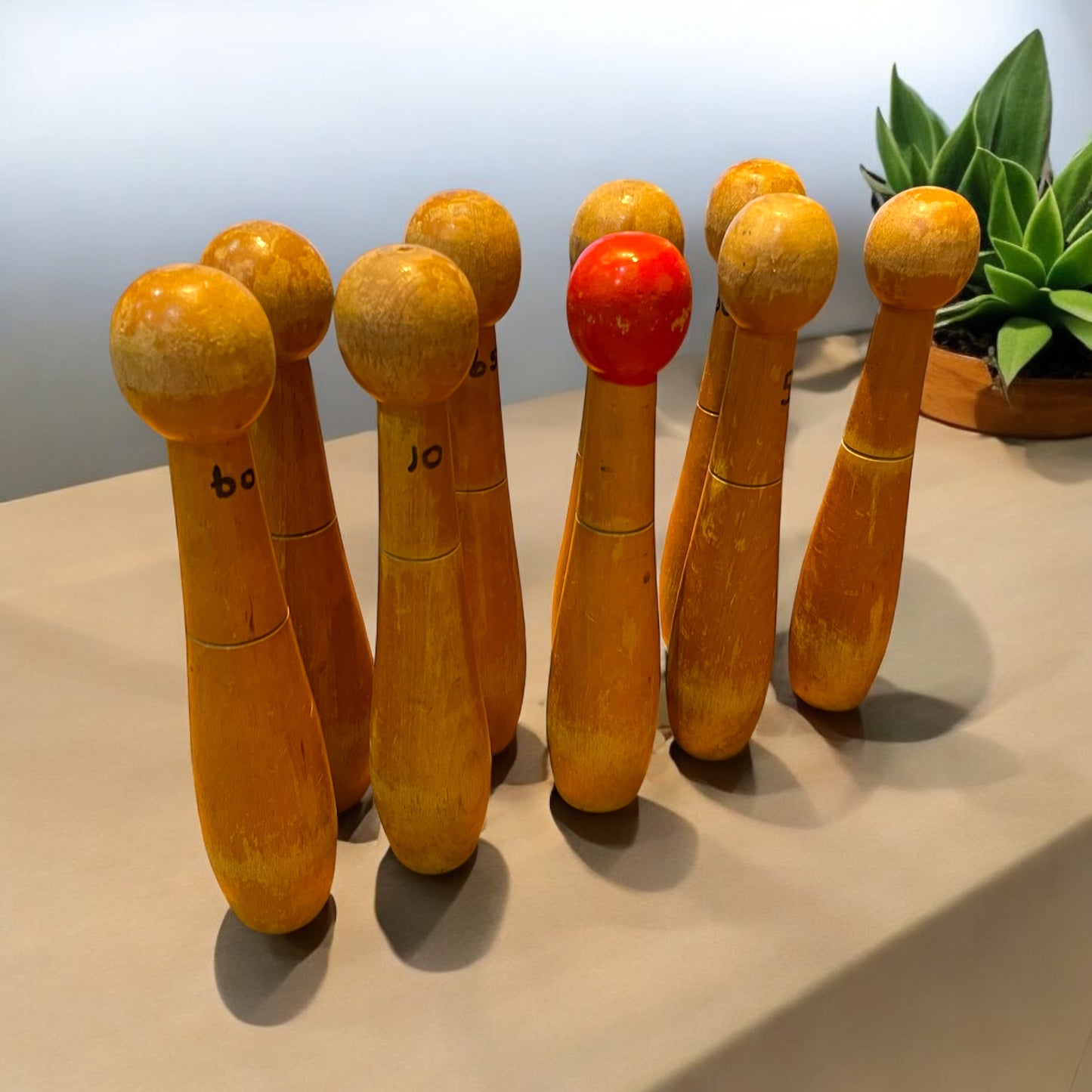 Set birilli d’epoca d’epoca per variante bowling,9 pezzi, 30 cm