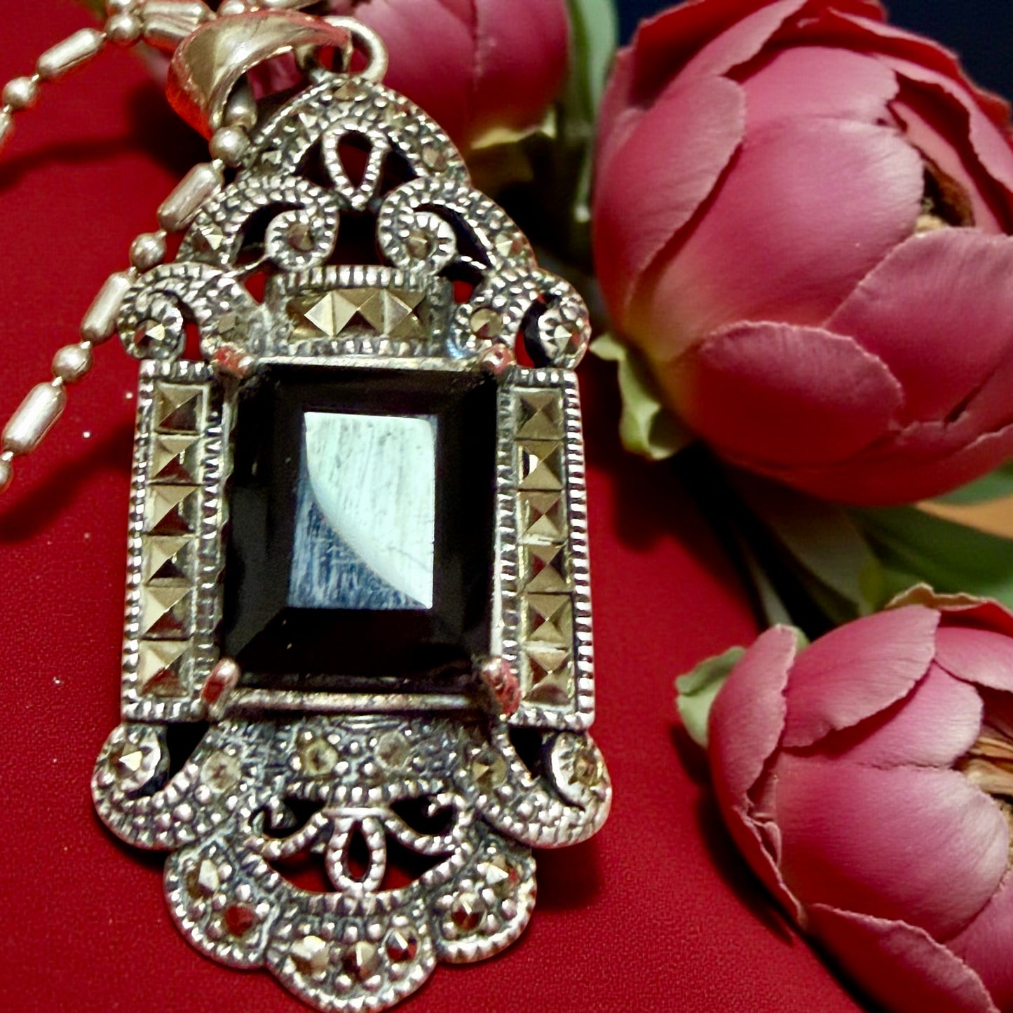 Pendente argento 925 con cabochon nero catena sterling, anni ‘70 manifattura italiana