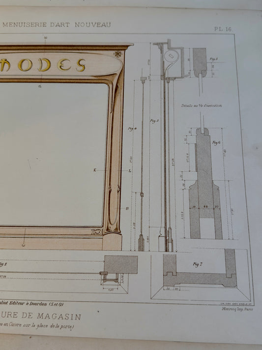 Lotto n.3 grandi tavole Architettura Art Nouveau d’epoca Menuiserie