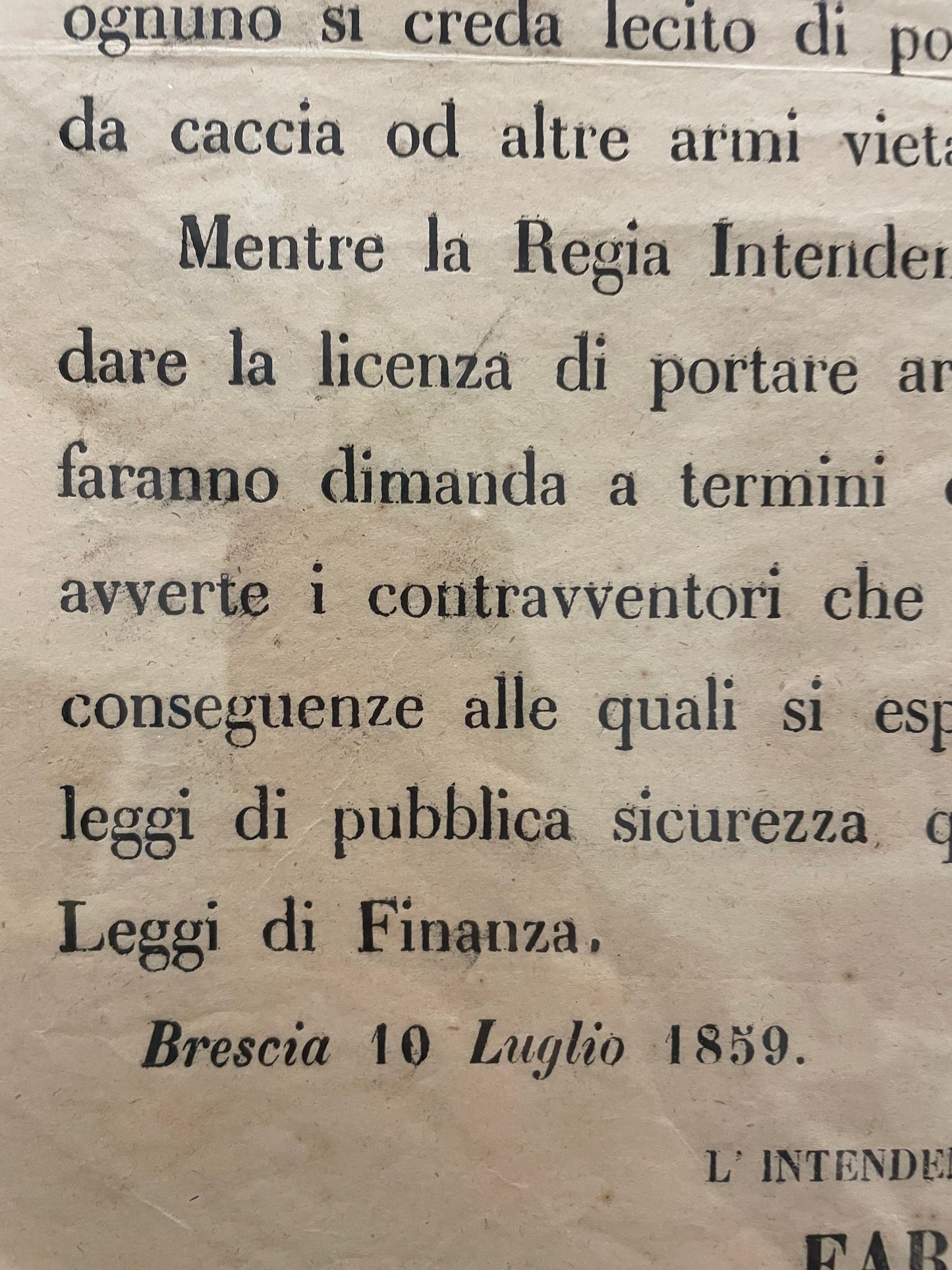 Avviso Regio Brescia 1859 sulla detenzione di armi, documento originale
