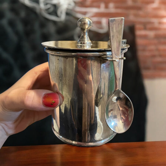 Antico moutardier porta salse anni ‘30, argentato con cucchiaino coordinato