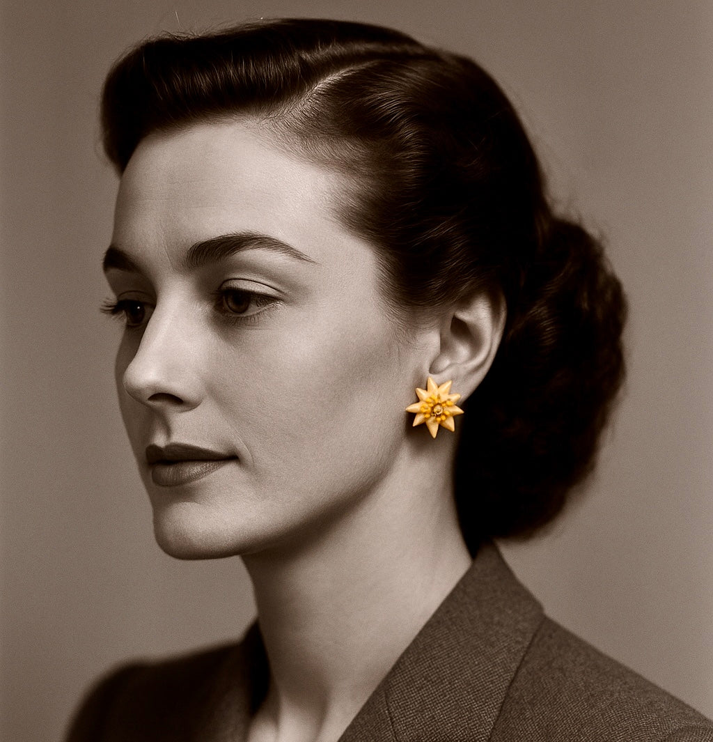 Parure spilla e orecchini clip in galalith stella alpina, 50s