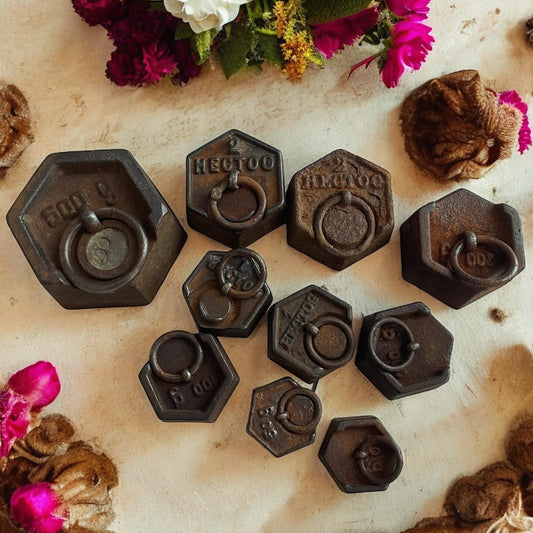 Set of 10 antique hexagonal workshop weights