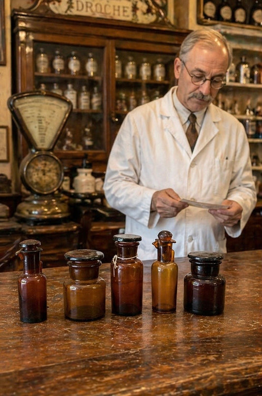 Collezione N.5 antichi vasi da farmacia in vetro ambrato per preparati galenici, completi di tappi
