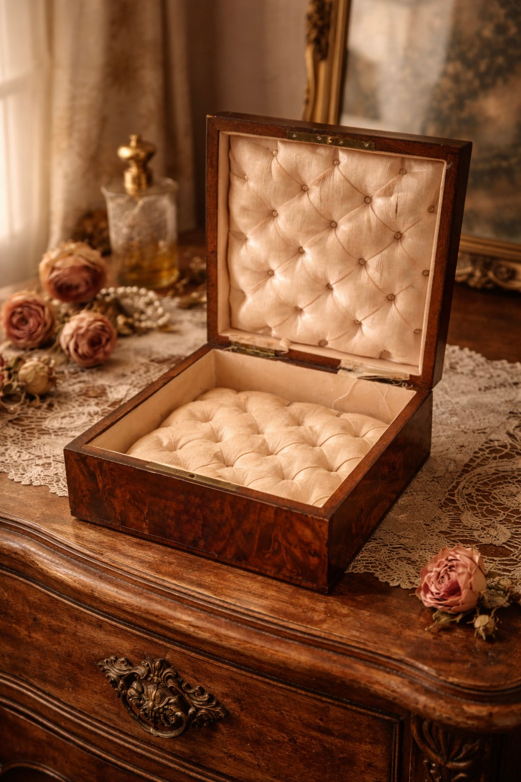 Antico grande scrigno in radica di noce con interno capitonné rosa