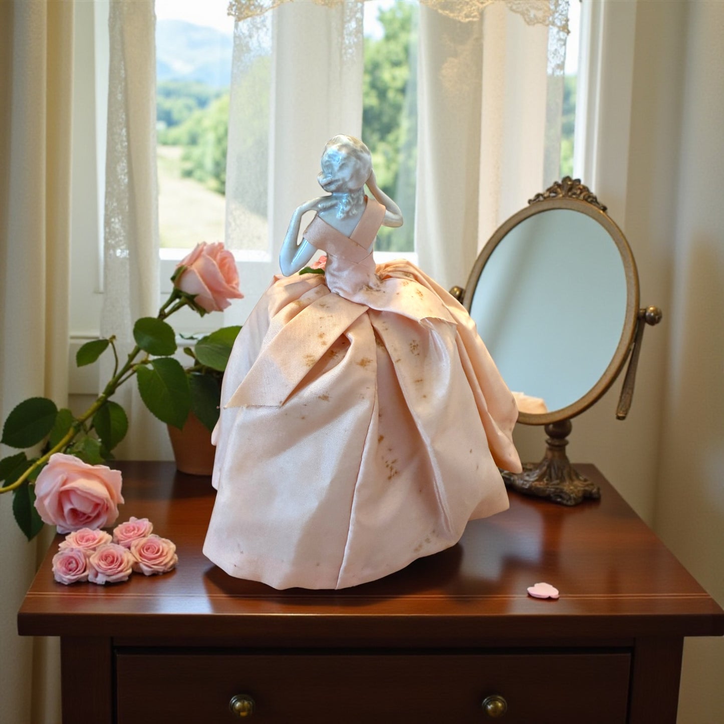 Antica half doll con abito rosa cipria e fiori tessuti a mano, anni ‘30