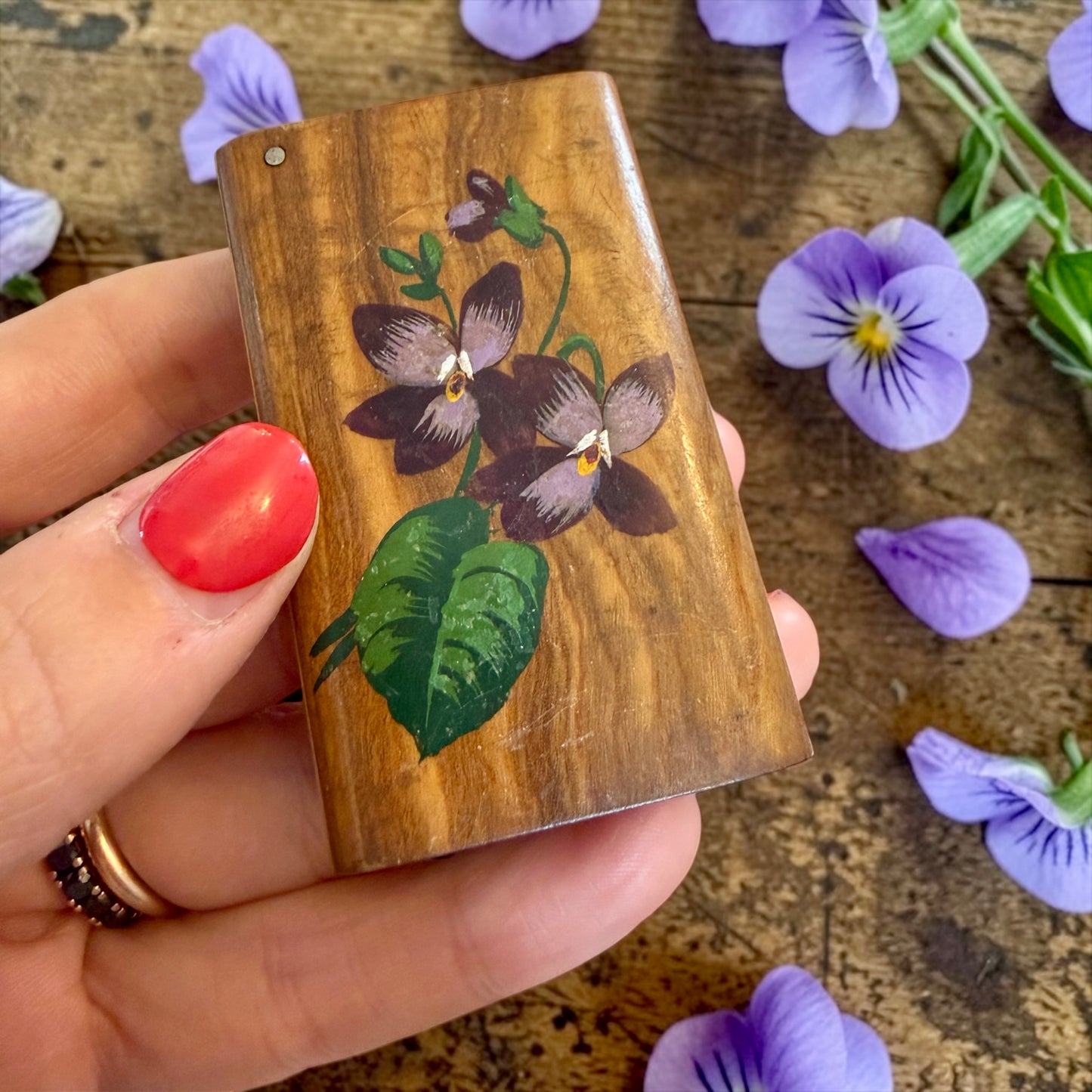 Vesta Case in legno con viole del pensiero dipinte e scritta Nice