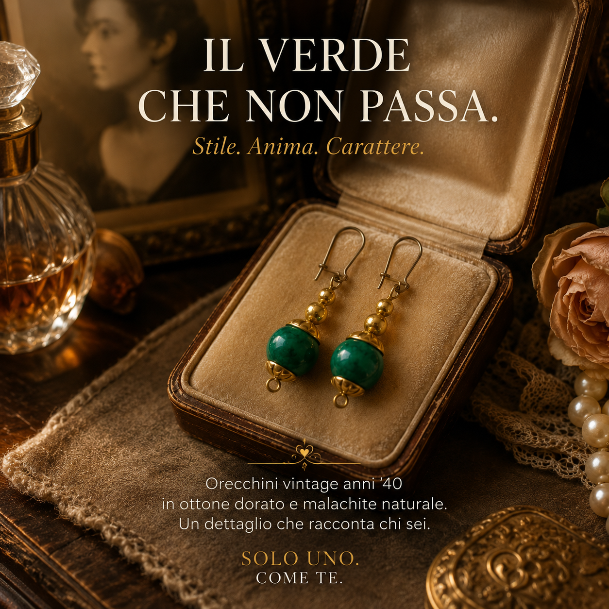 Orecchini in malachite e ottone bagno oro con monachina, anni 40-50
