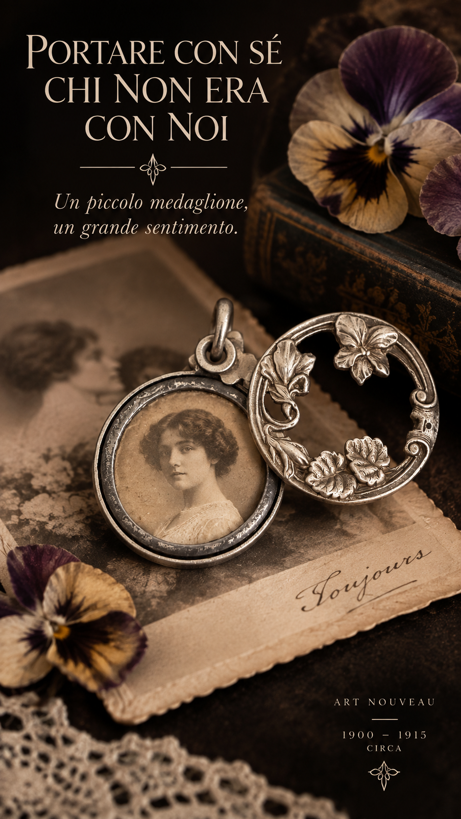Medaglione art Nouveau a scorrimento con viola del pensiero 1910