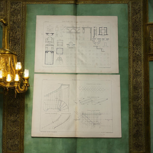 Coppia tavole architettura da studio, circa 1850, École des Artes Parigi