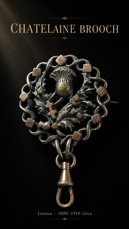 Antica e rara Chatelaine Brooch con cardo e croce di Lorena