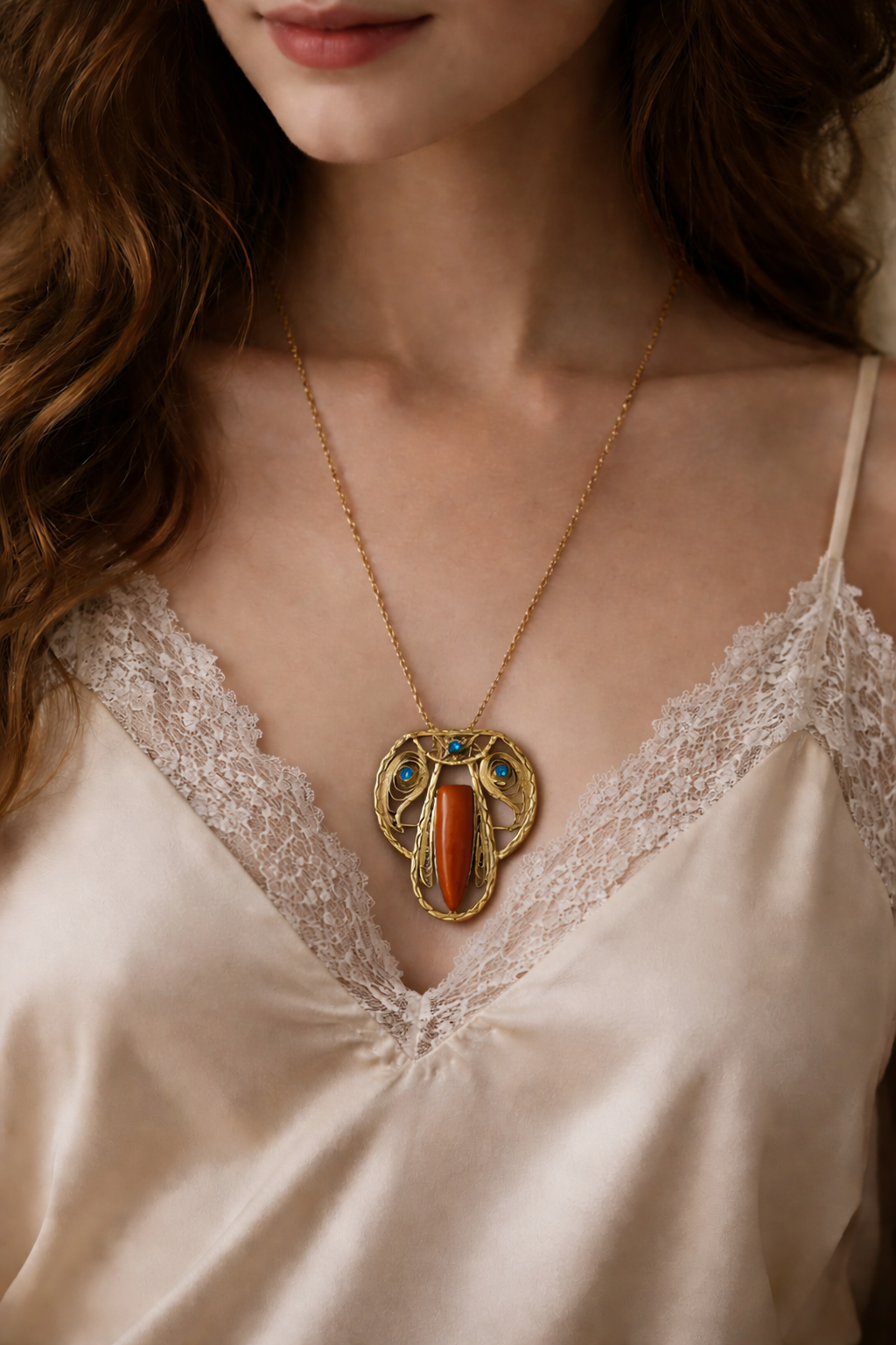 Spilla / pendente liberty in filigrana con cornalina e strass, ca anni ‘20