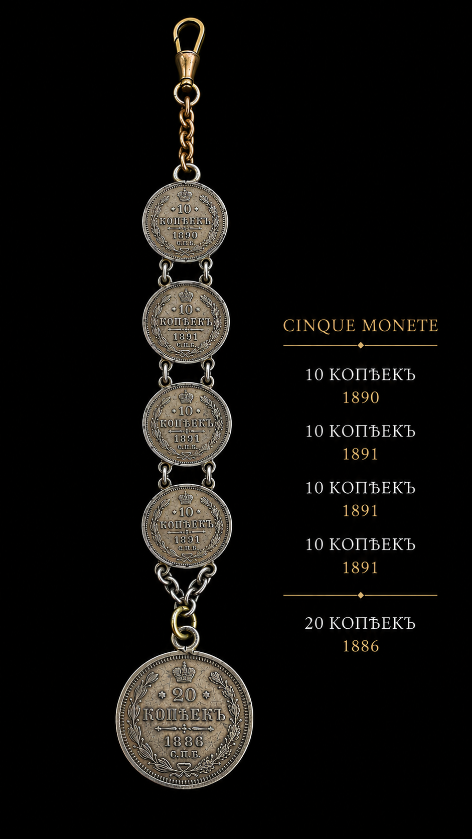 Guard chain o catena da panciotto con monete copechi russi in argento 1886-1891, pezzo unico su commissione