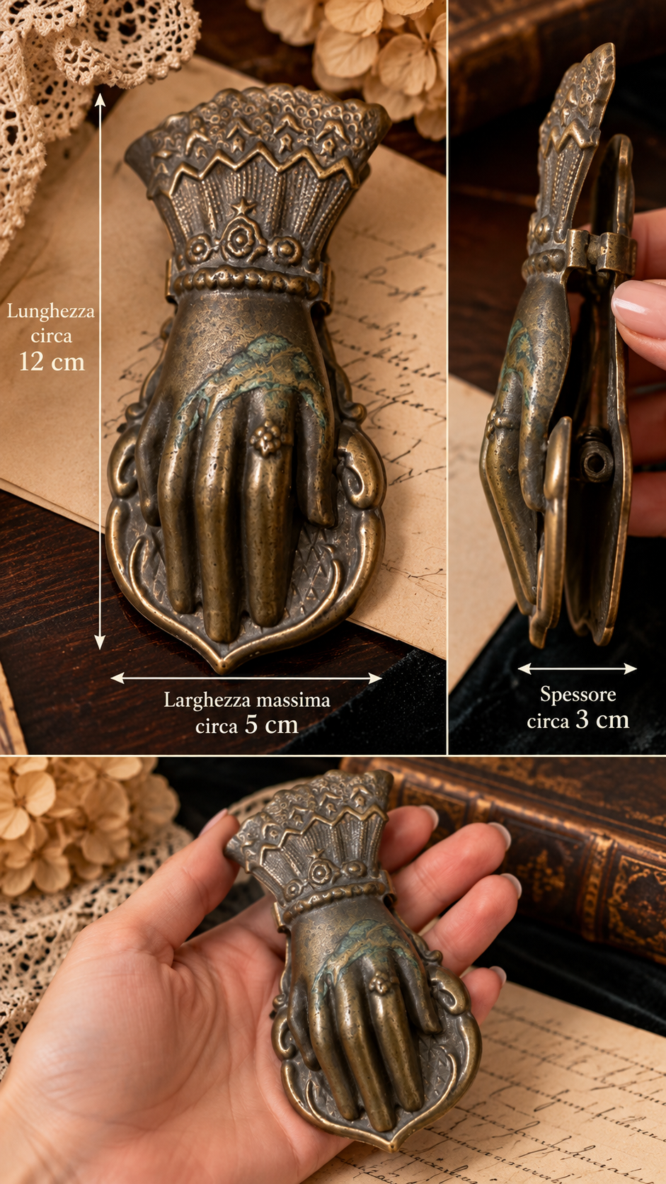 Antica pinza ferma documenti a guisa di mano bronzata