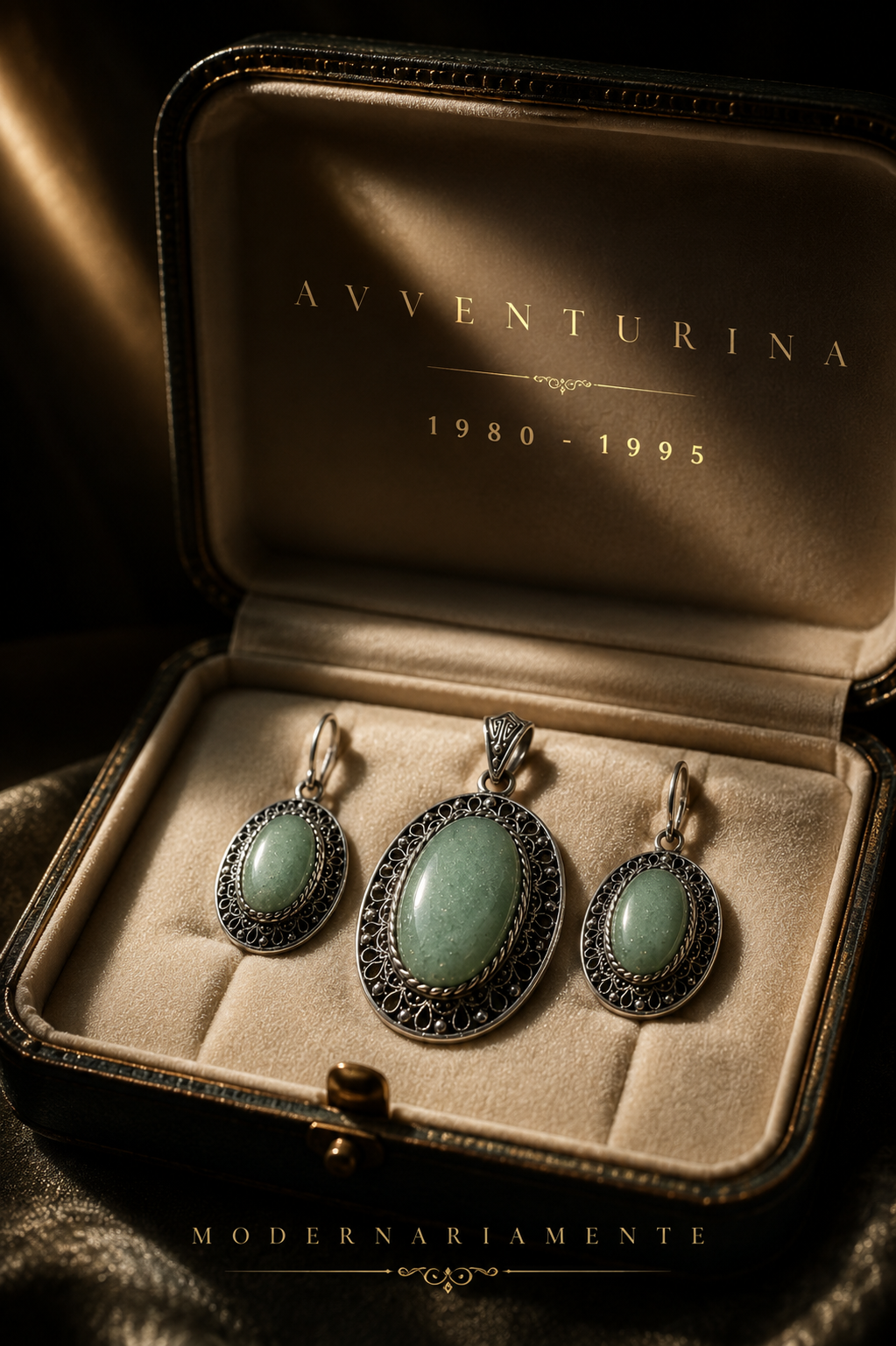 Parure orecchini e ciondolo pendente con avventurina verde