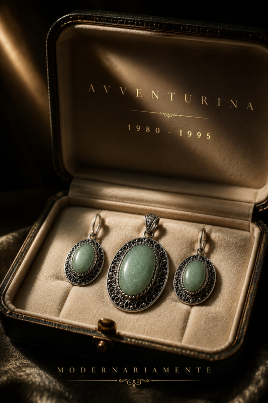 Parure orecchini e ciondolo pendente con avventurina verde