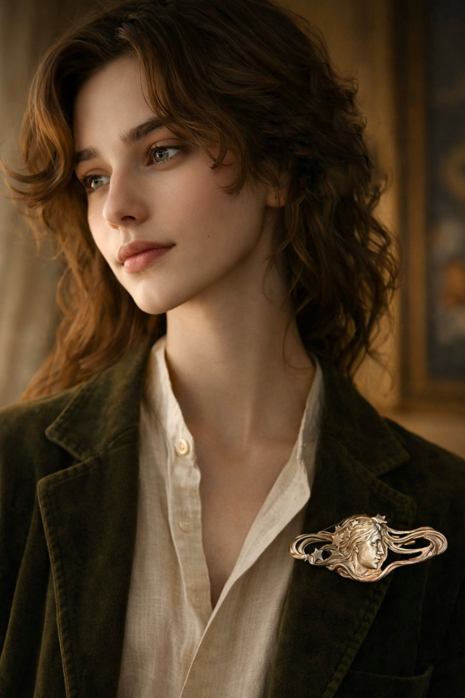 Spilla Liberty revival anni ‘60 con profilo di donna e stelle